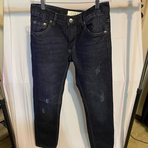 mens dark wash jeans slightly distressed denim straight leg